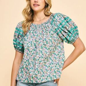 PINCH Floral Puff Sleeve Ribbon Blouse Cottagecore Boho Top 100% Cotton Size S